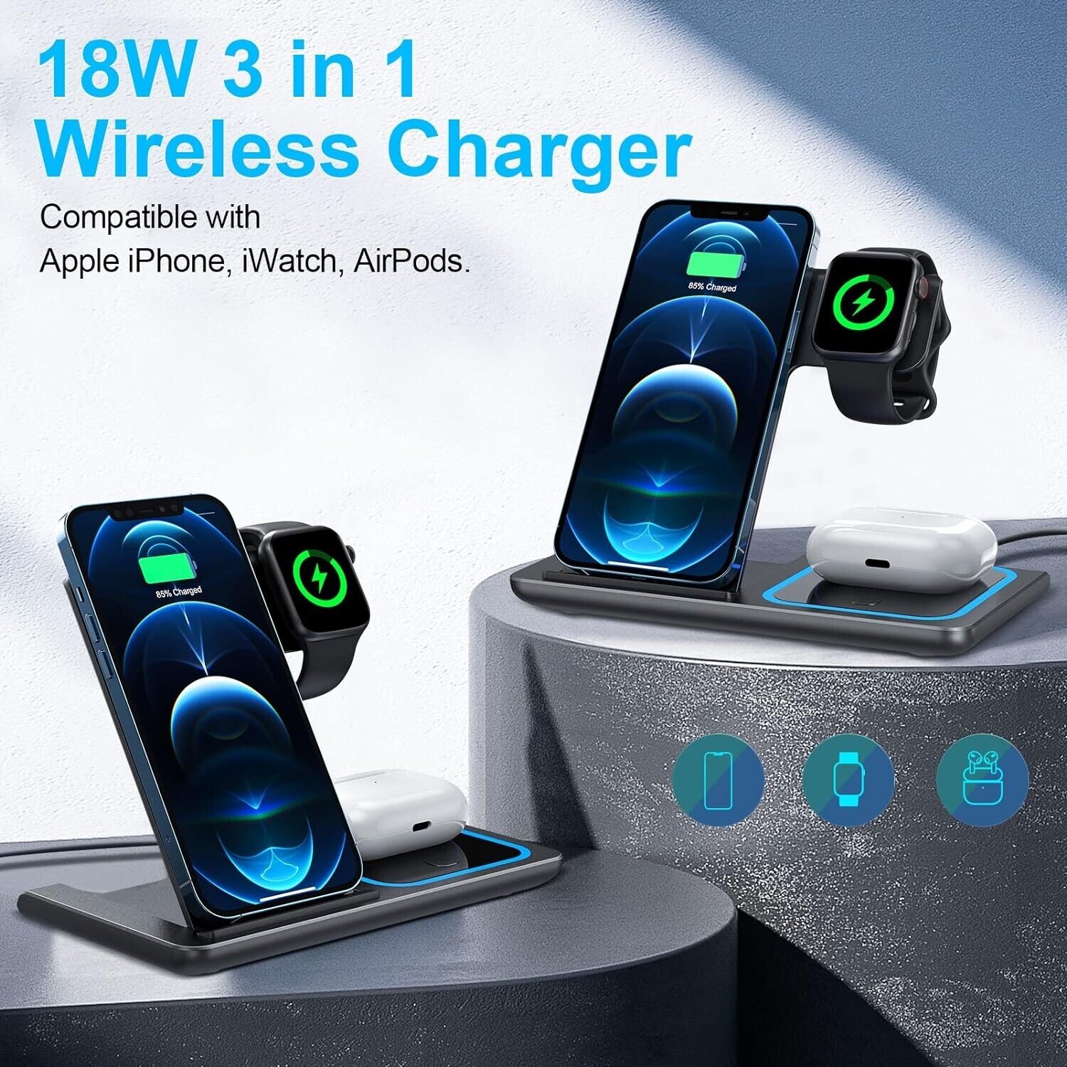 Wireless Charging Station 3 in 1, 18W Fast Foldable Wireless Charger