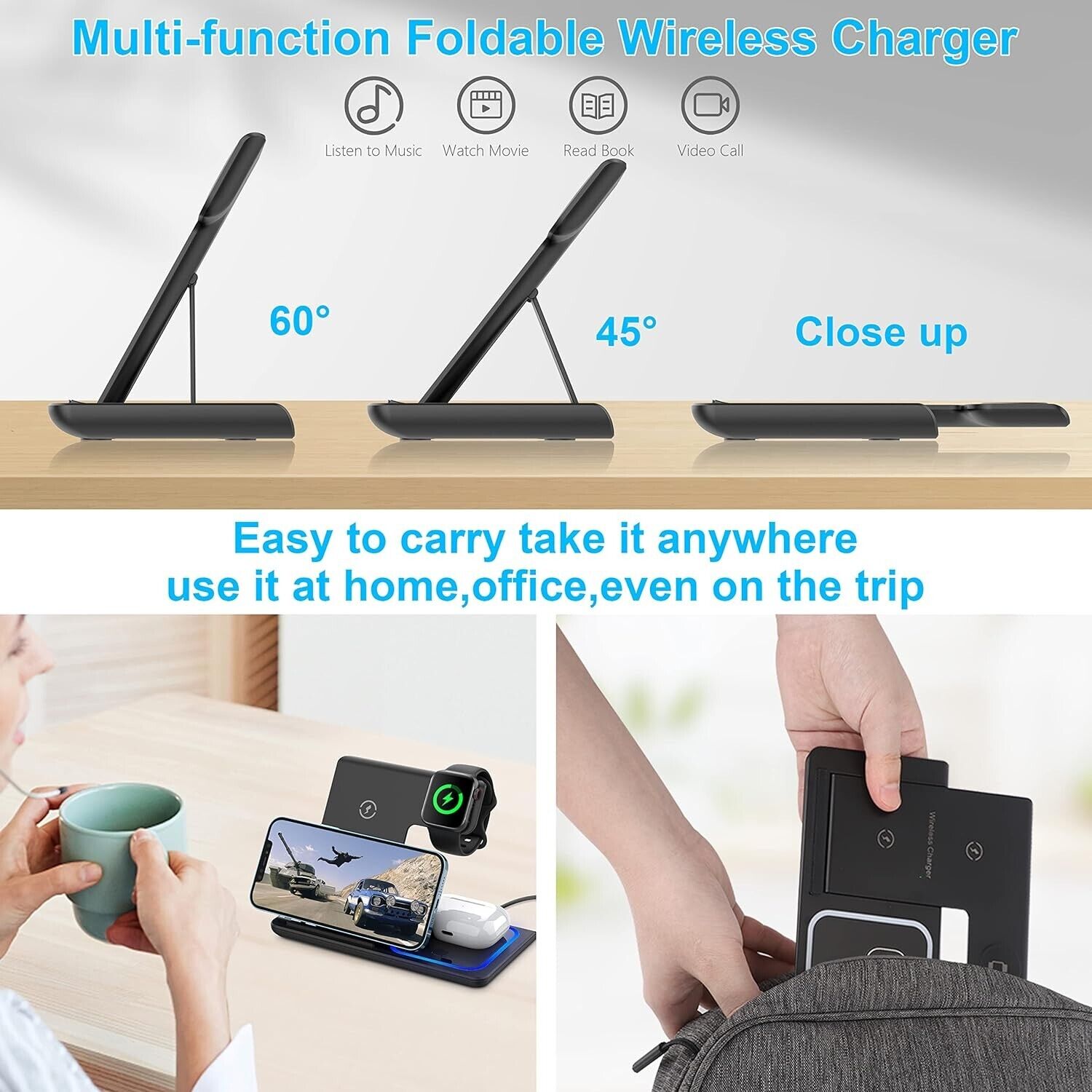 Wireless Charging Station 3 in 1, 18W Fast Foldable Wireless Charger