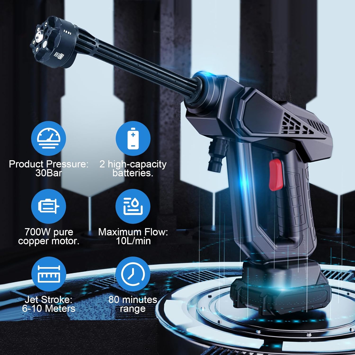 Cordless Pressure Washer, Portable Power Washer 24V Electric Cordless Power Washer with 6-in-1 Multifunction Nozzle, 2 Battery and 1 Charger Included for Washing Cars, Garden Floor Cleaning (Black)
