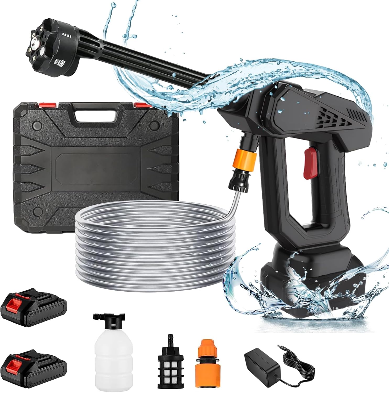 Cordless Pressure Washer, Portable Power Washer 24V Electric Cordless Power Washer with 6-in-1 Multifunction Nozzle, 2 Battery and 1 Charger Included for Washing Cars, Garden Floor Cleaning (Black)