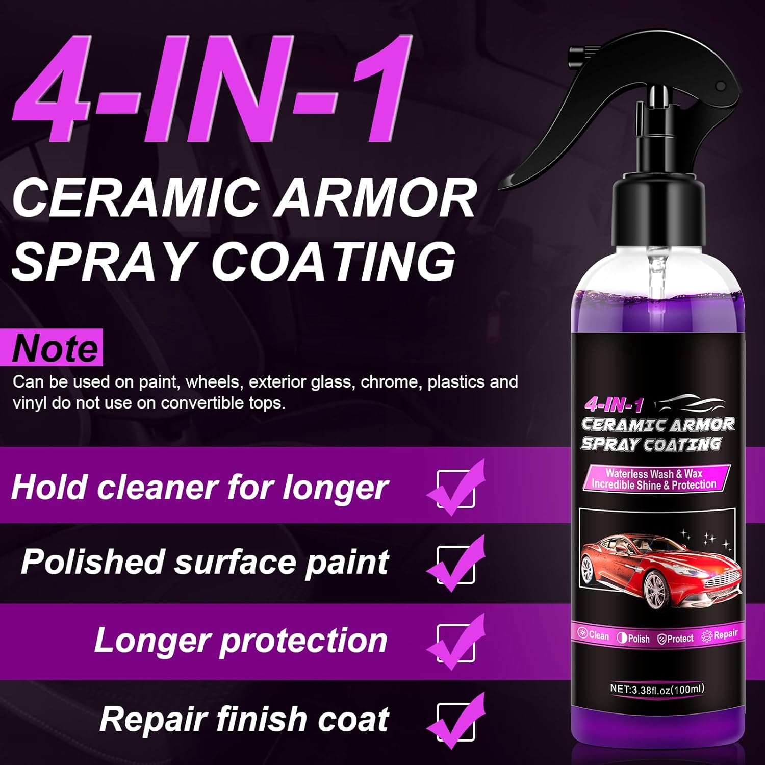 Ceramic Coating Car Wax Spray 4 in 1 Hydrophobic Car Repair, Polish, Waterless Car Wash, and Shine, 100ML Polymer Sealent Top Coat Spray Protection