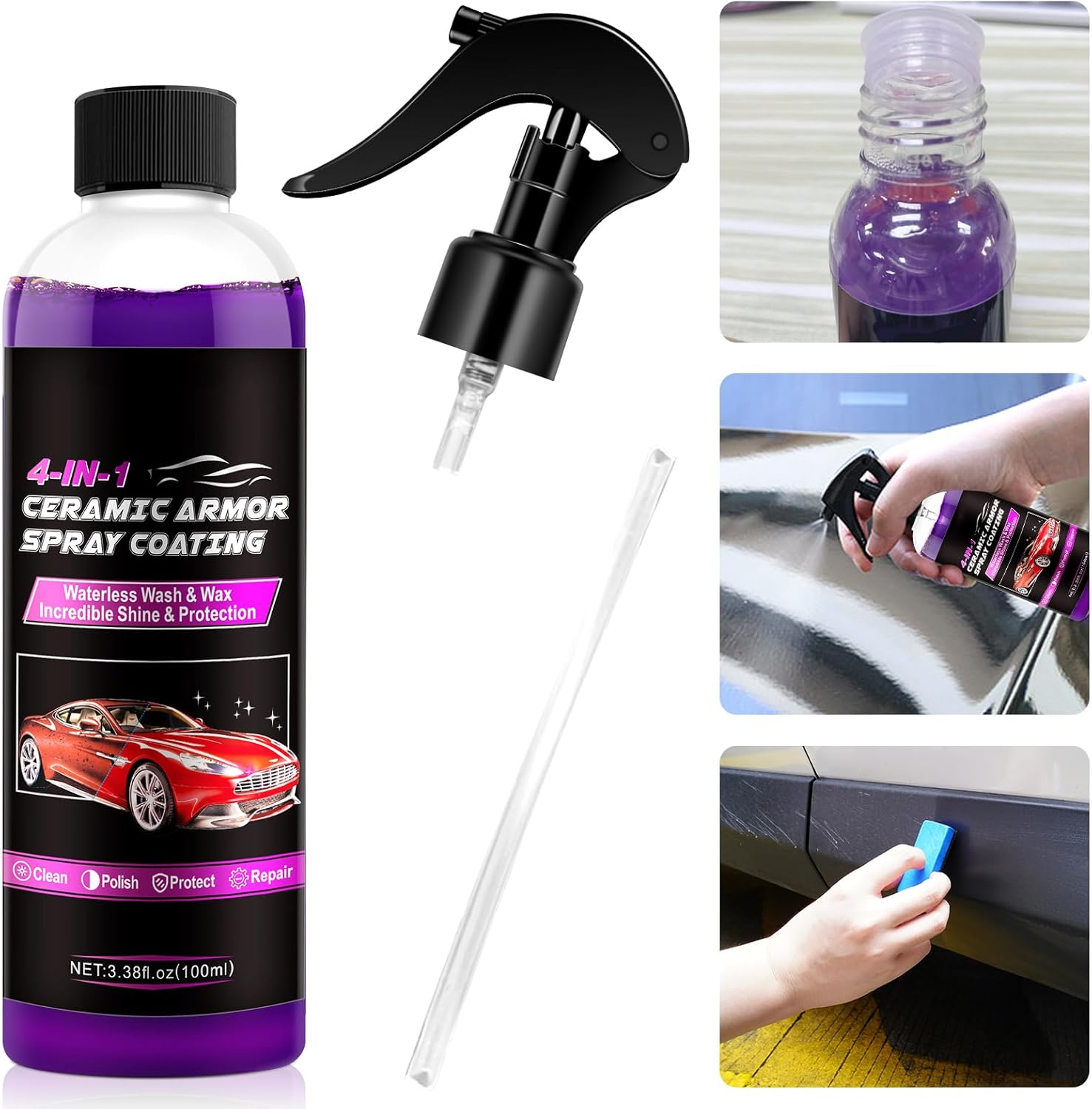Ceramic Coating Car Wax Spray 4 in 1 Hydrophobic Car Repair, Polish, Waterless Car Wash, and Shine, 100ML Polymer Sealent Top Coat Spray Protection