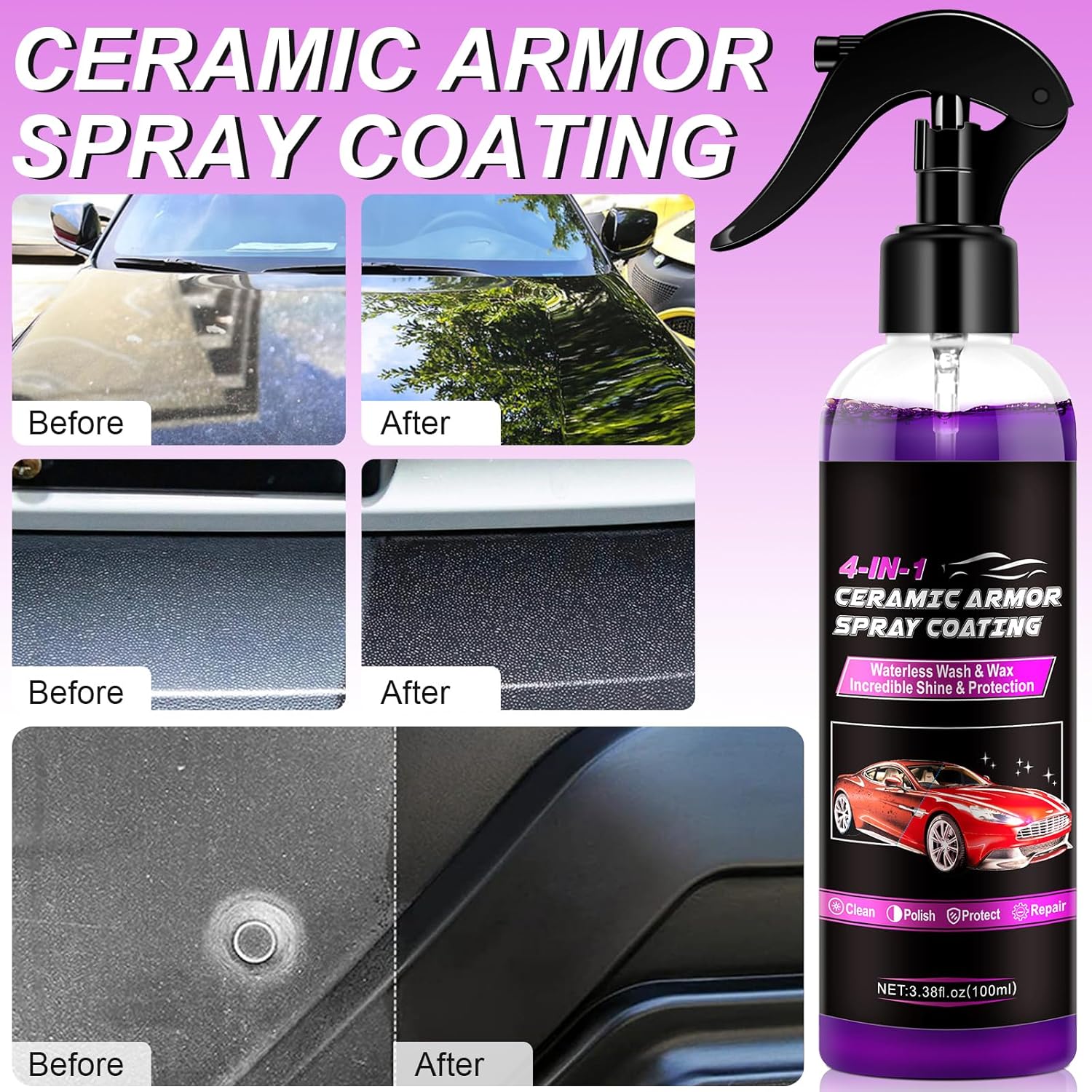 Ceramic Coating Car Wax Spray 4 in 1 Hydrophobic Car Repair, Polish, Waterless Car Wash, and Shine, 100ML Polymer Sealent Top Coat Spray Protection