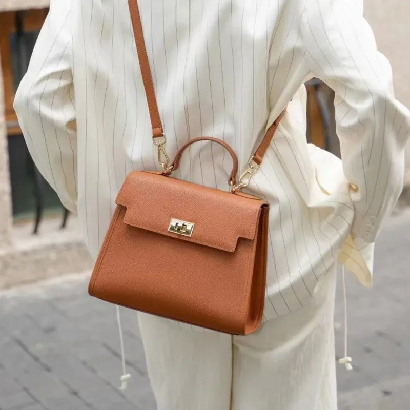 2023 New Women's High-end Genuine Leather Handbag Single Shoulder Slant Cross Niche Commuting Small Square Bag Soft Top-handle