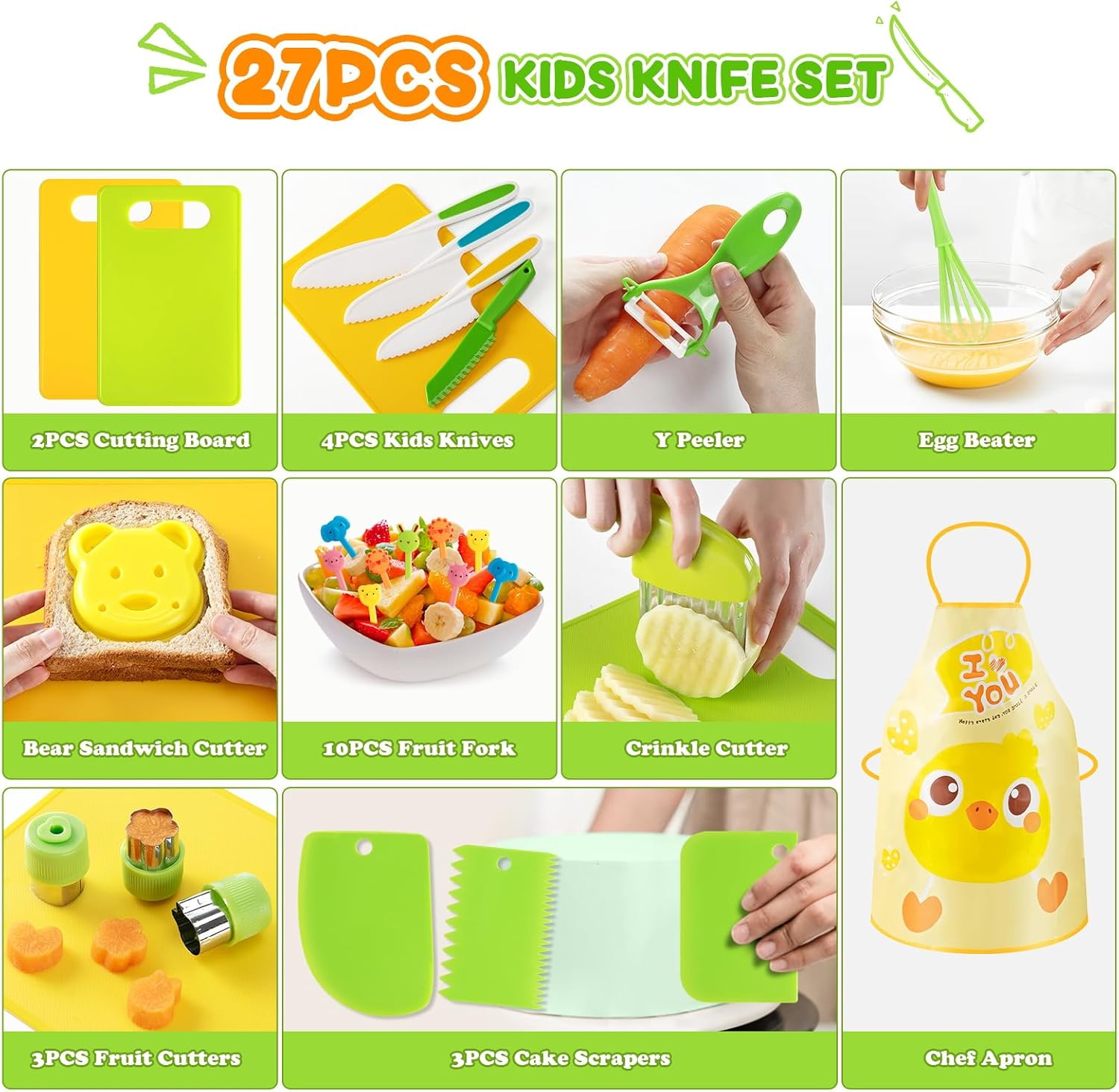 Mactoou Kids Kitchen Knives, 27 Pieces Kids Knife for Real Cooking, Toddler Safe Knives Set with Plastic Knife, Crinkle Cutter for 2 3 4 5 6 7 8 9 10+ Year Old Boys Girls