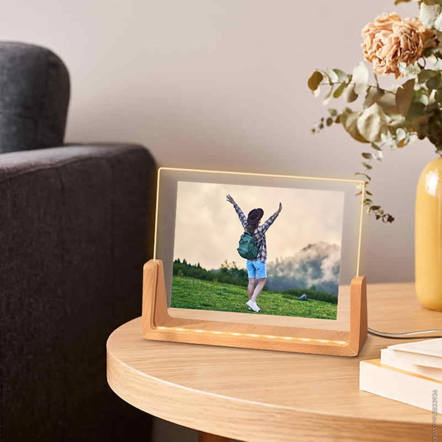 YWNYT Photo Frame Light Base, LED Lights Display Base, LED Picture Frame, Dual-Function Daytime Photo Frame & Night Light, Wooden Display Pedestal Art Lights Display Stand Photo Show (8-inch Warm)