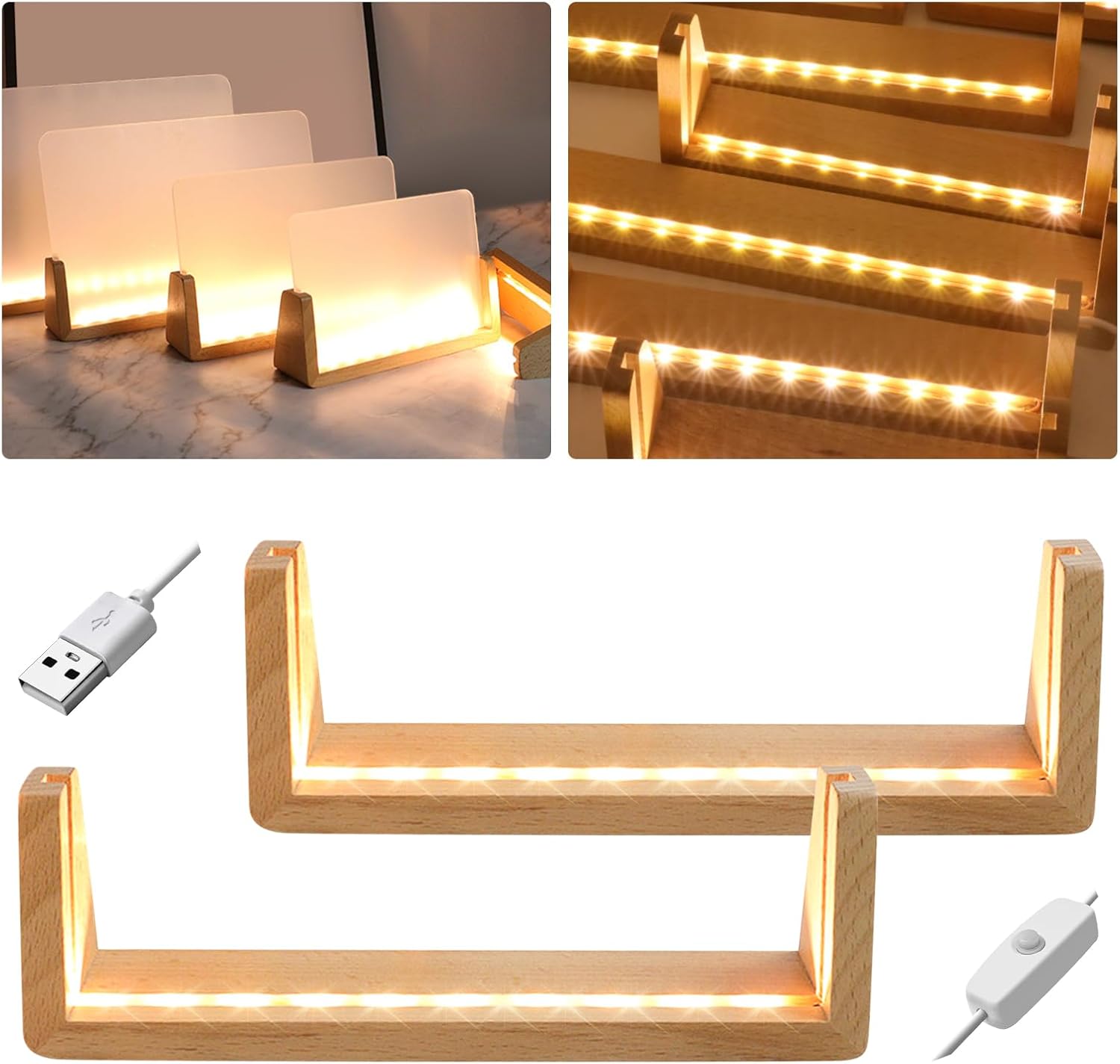 YWNYT Photo Frame Light Base, LED Lights Display Base, LED Picture Frame, Dual-Function Daytime Photo Frame & Night Light, Wooden Display Pedestal Art Lights Display Stand Photo Show (8-inch Warm)