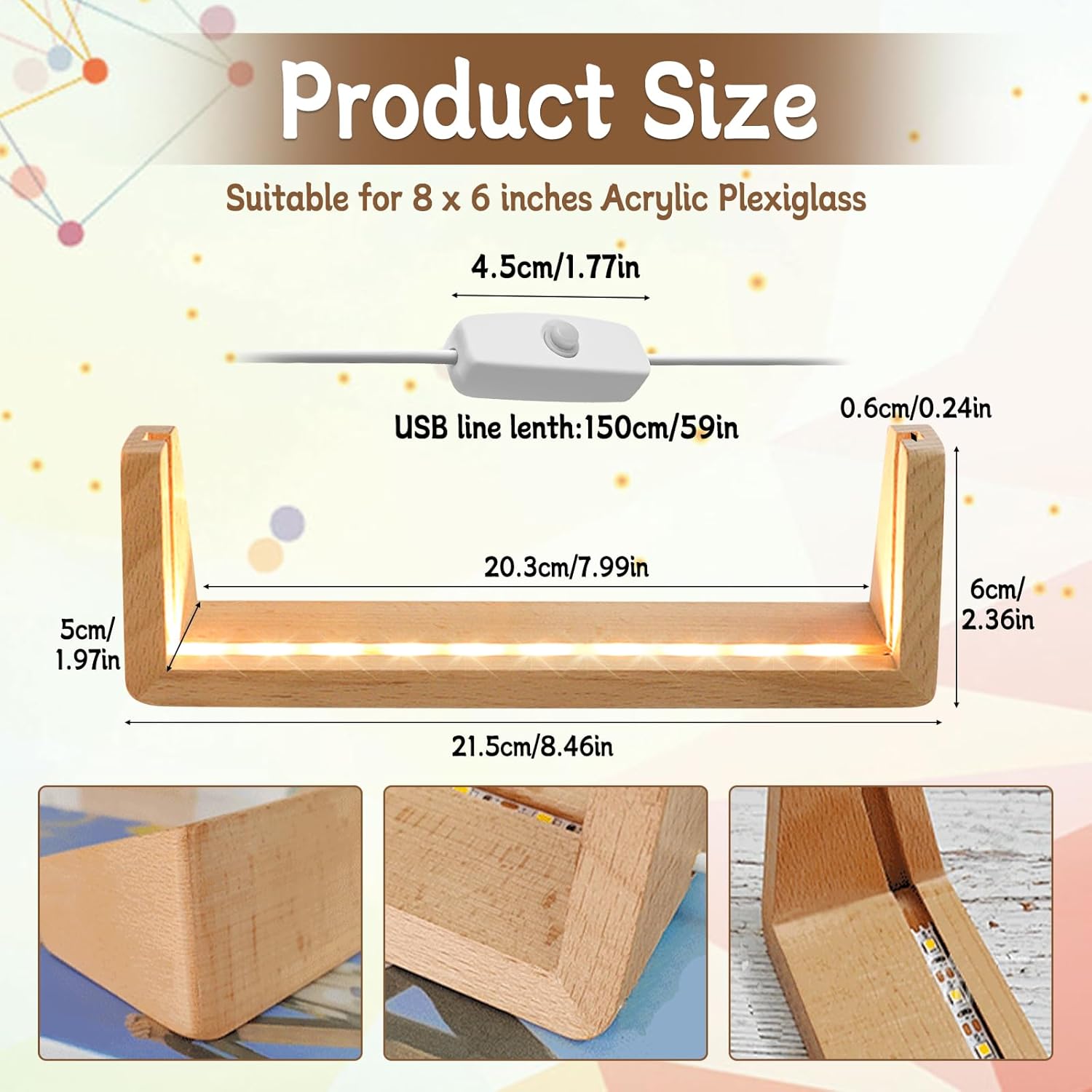 YWNYT Photo Frame Light Base, LED Lights Display Base, LED Picture Frame, Dual-Function Daytime Photo Frame & Night Light, Wooden Display Pedestal Art Lights Display Stand Photo Show (8-inch Warm)
