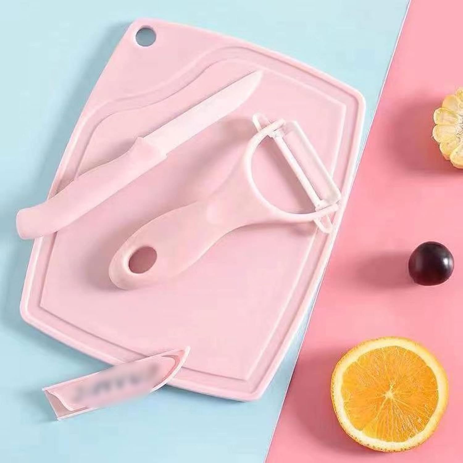 ALLYLIKE Cutting board Ceramic Knife 3 Piece Suit Portable Mini Kitchen Household Kitchen Knife Chopping Board Melon and Fruit Knife Peeler(Blue)