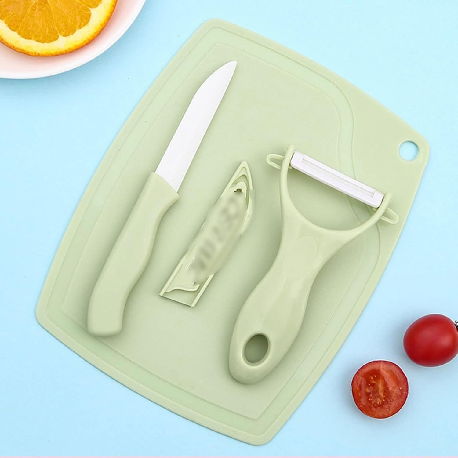ALLYLIKE Cutting board Ceramic Knife 3 Piece Suit Portable Mini Kitchen Household Kitchen Knife Chopping Board Melon and Fruit Knife Peeler(Blue)