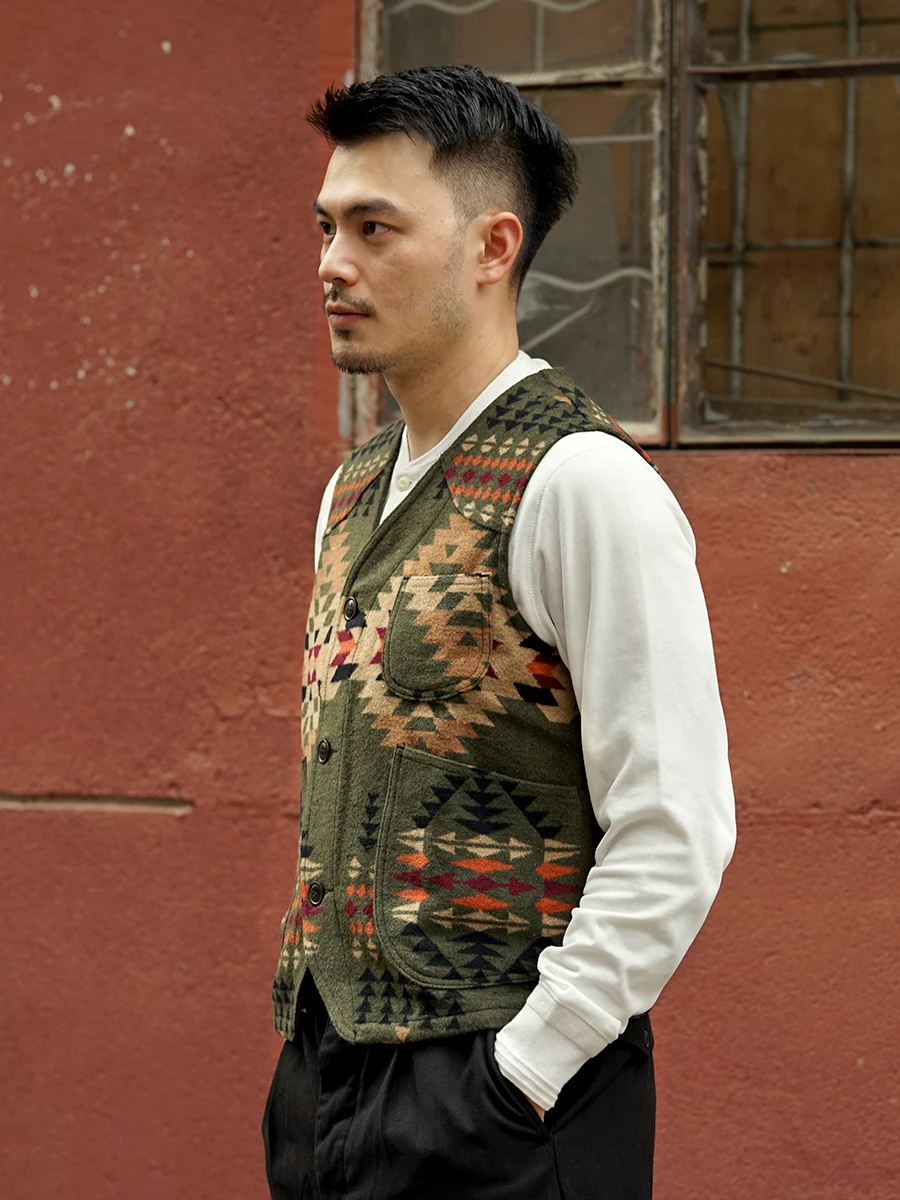 Men's Vest Tweed Wool Totem Multi-pockets Safari Biker Cowboy Sleeveless Jackets Autumn Winter Gilet Vintage Western Waistcoat