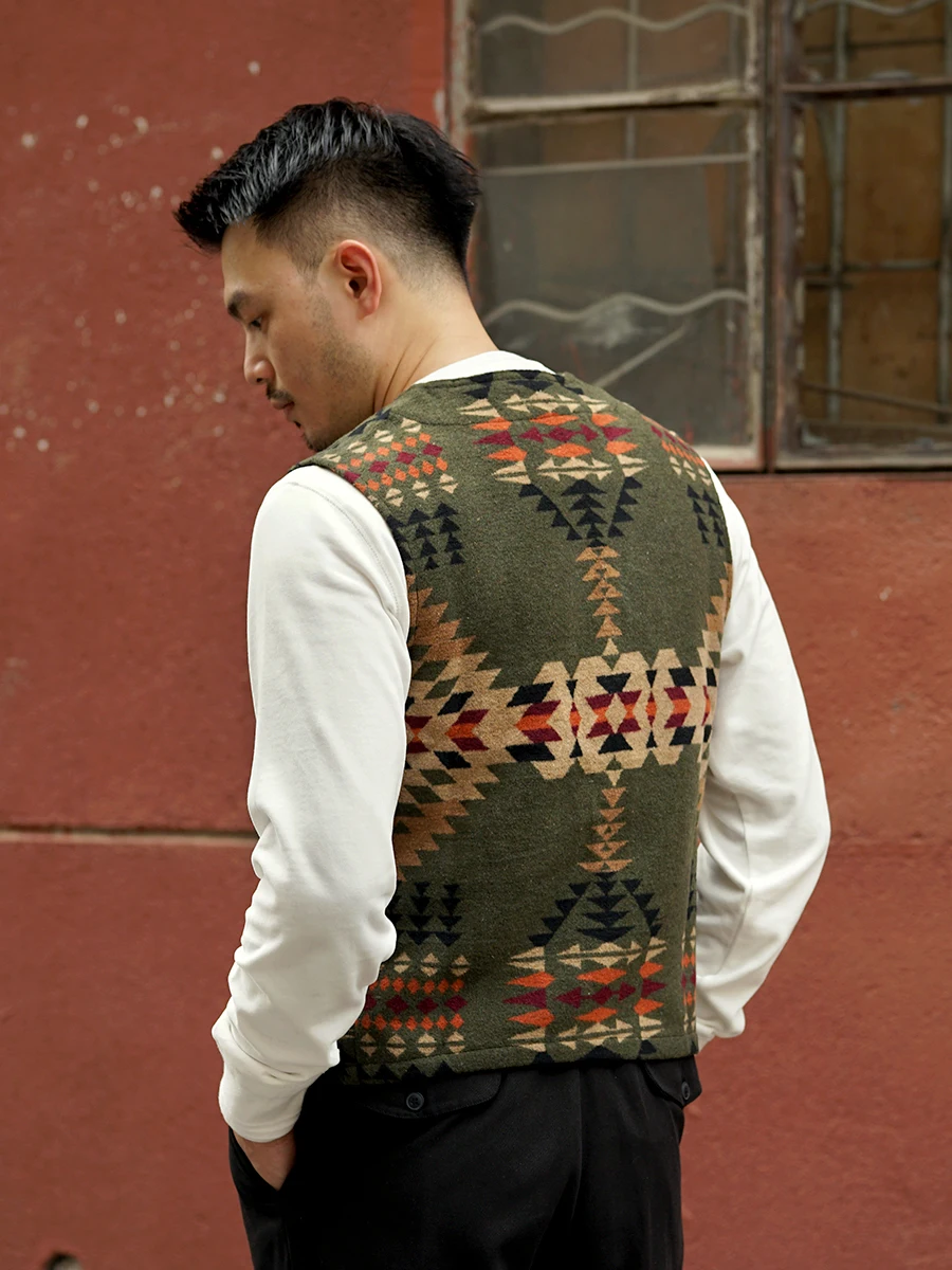 Men's Vest Tweed Wool Totem Multi-pockets Safari Biker Cowboy Sleeveless Jackets Autumn Winter Gilet Vintage Western Waistcoat