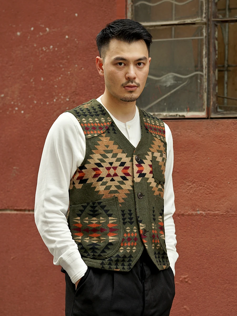 Men's Vest Tweed Wool Totem Multi-pockets Safari Biker Cowboy Sleeveless Jackets Autumn Winter Gilet Vintage Western Waistcoat