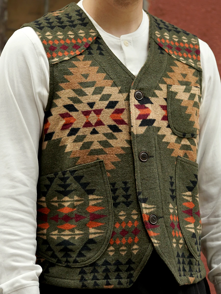 Men's Vest Tweed Wool Totem Multi-pockets Safari Biker Cowboy Sleeveless Jackets Autumn Winter Gilet Vintage Western Waistcoat