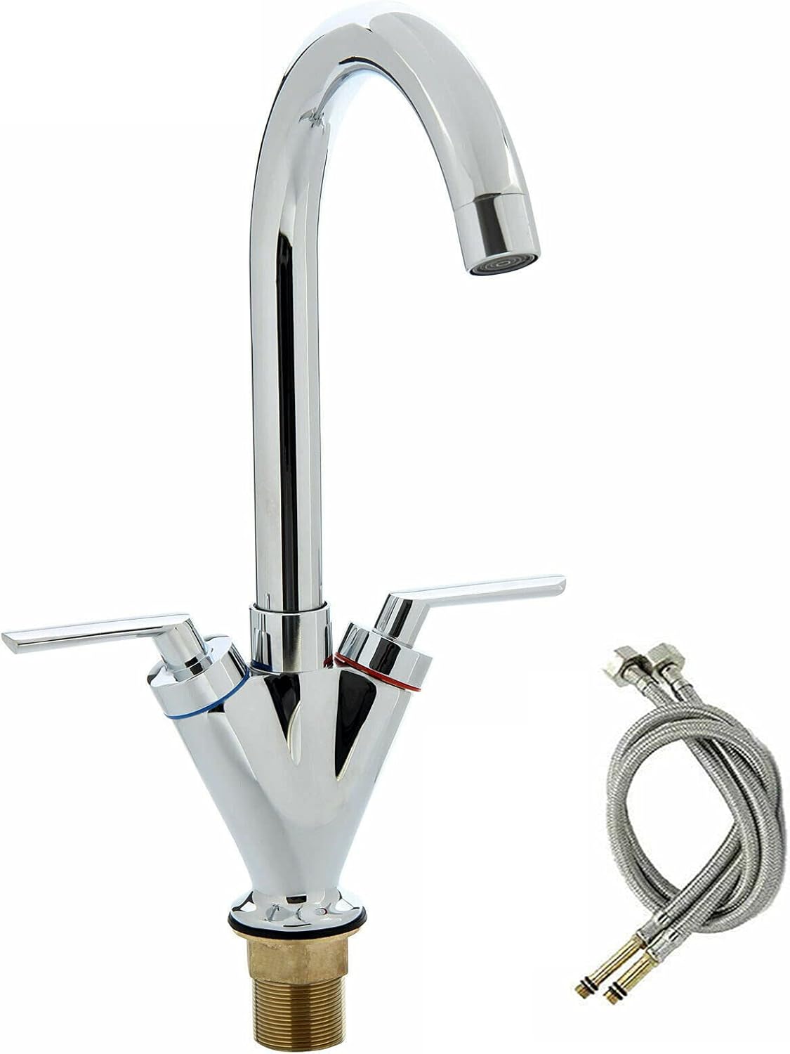 Kitchen Sink Mixer Taps Twin Dual Lever Spout Chrome Modern Kitchen Sink Basin Mono Brass Faucet Swivel 360° with Hose Chrome Faucet