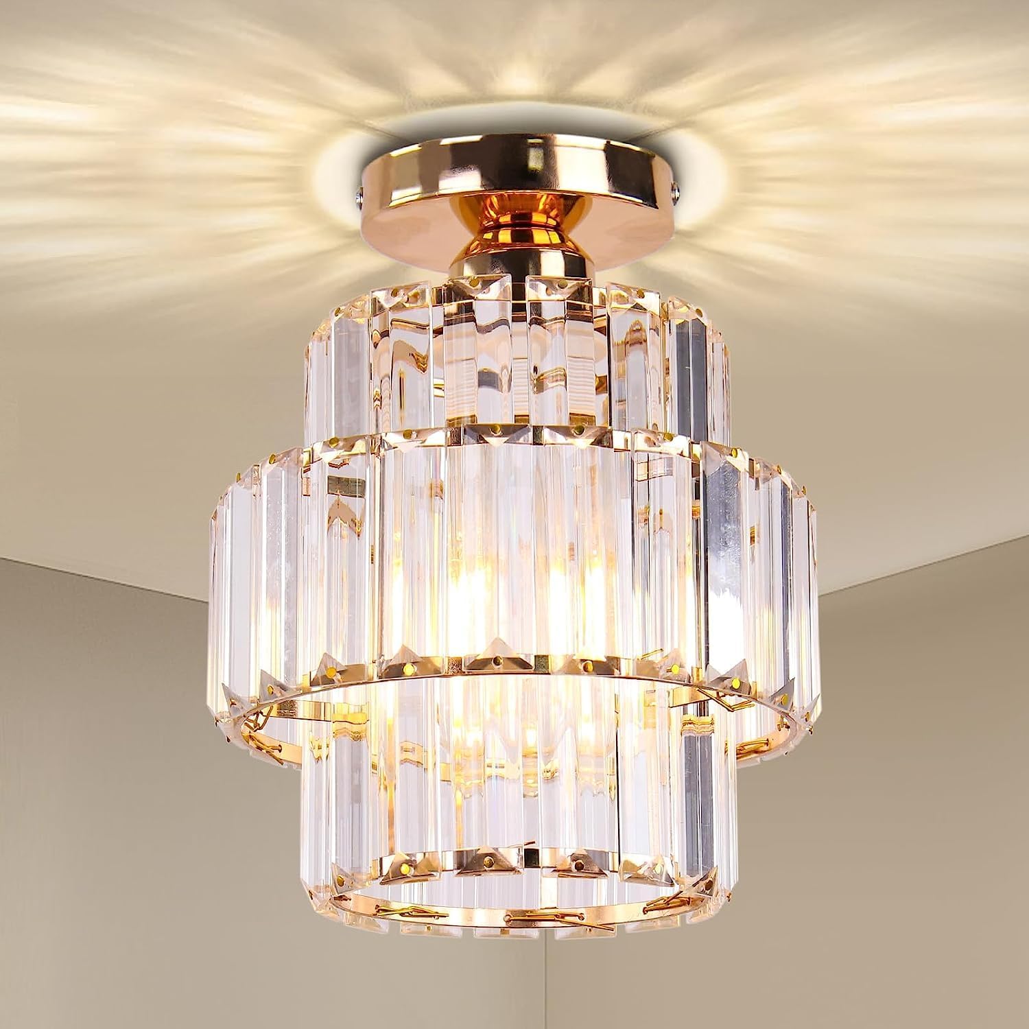 Cainjiazh Mini Chandelier Crystal Chandeliers Lighting Flush Mount Ceiling Light Double-Layers Crystal Modern Chandelier Lighting Fixture for Bedroom Hallway Bar Kitchen Living Room(Gold)