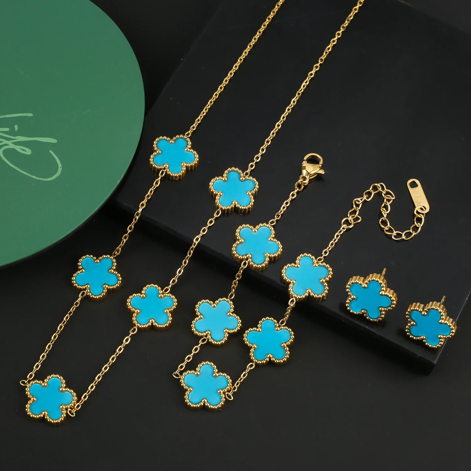 Hot Stainless Steel Gun Black Simple Plant Five-leaf Flower Bracelet Necklace Earrings Three-piece Jewellery Set Ladies Clover