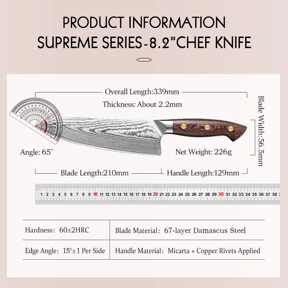 HEZHEN 8.2 Inches Chef Knife 67 Layers Damascus Steel Micarta Handle Kitchen Knives Beautiful Gift Box