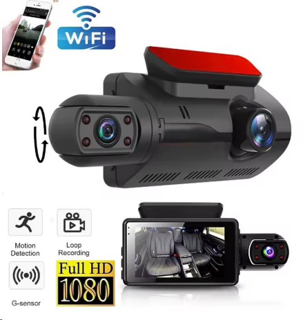 Channel Dash Cam Front Inside Rear Three Way Car Dash Camera, 1080P Dual Channel  WiFi IR Night Vision Camcorder