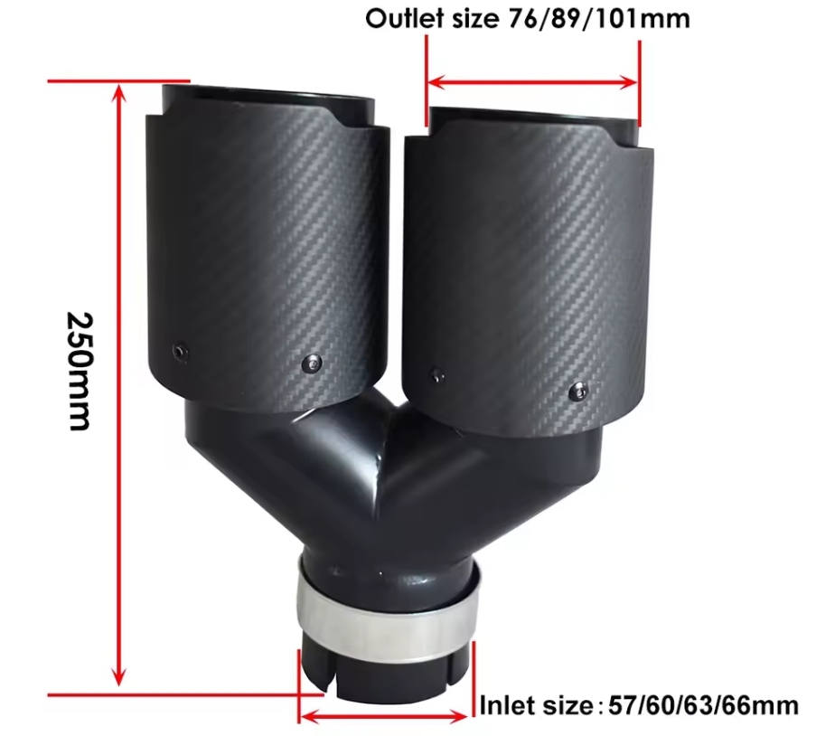 H Shape Double Exit Exhaust Pipe  Carbon Fiber Nozzle for Muffler Tuning Universal for Car Tip Stainless Glossy Black No Logo