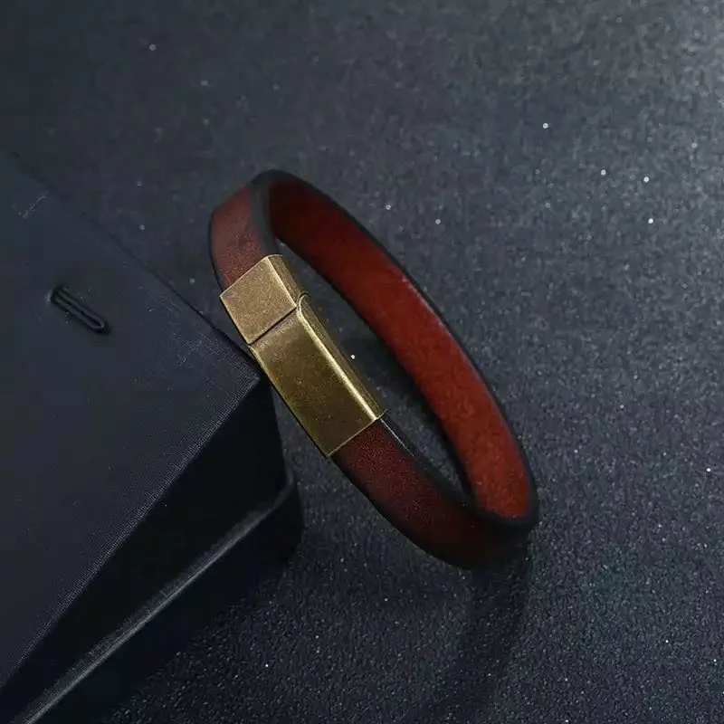 Men's simple Brown Genuine leather bracelet stainless steel Retro magnet clasp about 10mm width leather bangle