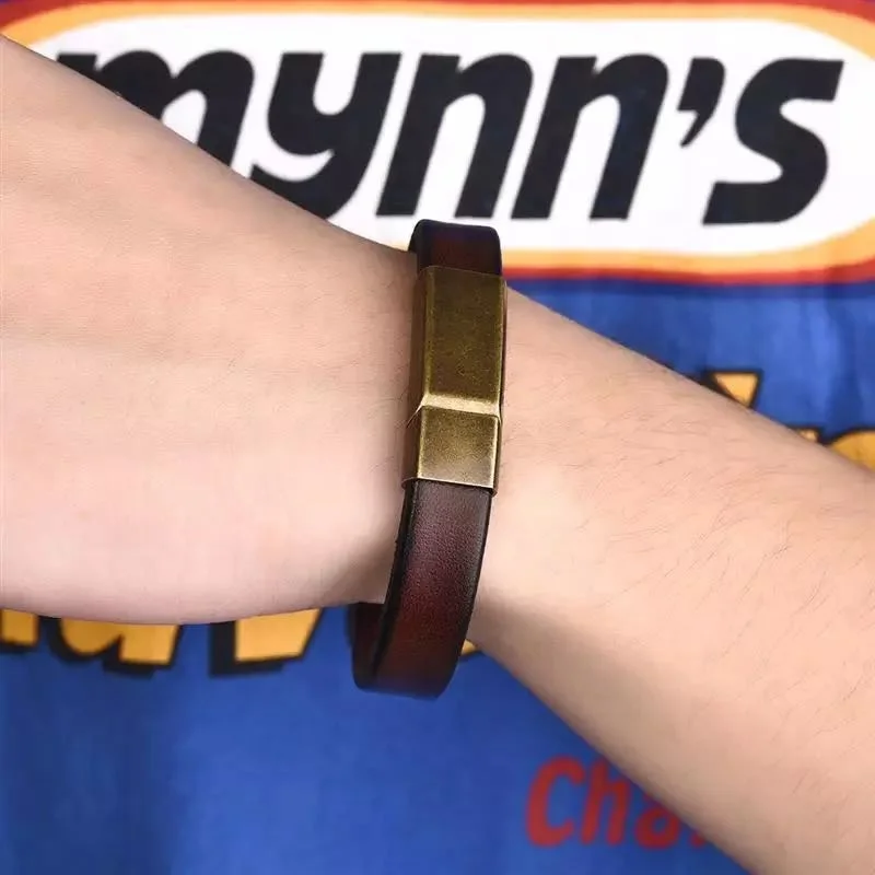 Men's simple Brown Genuine leather bracelet stainless steel Retro magnet clasp about 10mm width leather bangle