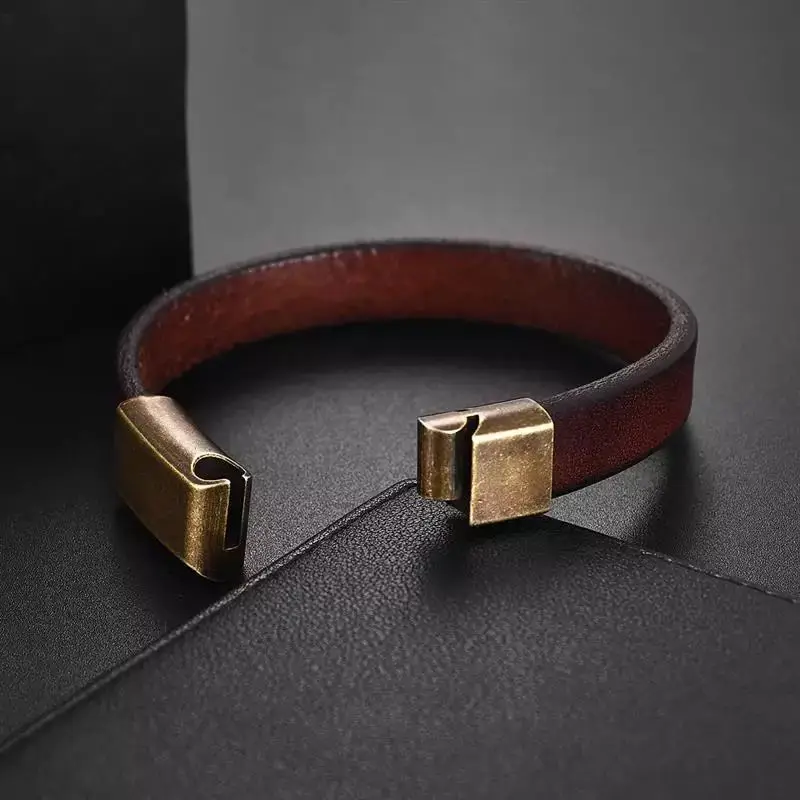 Men's simple Brown Genuine leather bracelet stainless steel Retro magnet clasp about 10mm width leather bangle