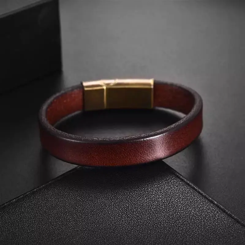 Men's simple Brown Genuine leather bracelet stainless steel Retro magnet clasp about 10mm width leather bangle