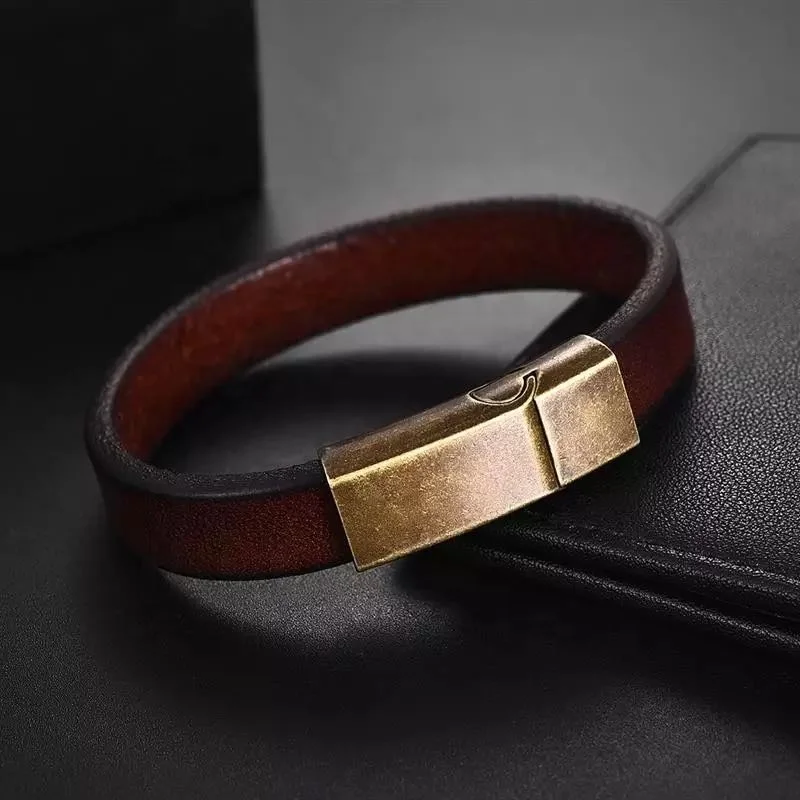 Men's simple Brown Genuine leather bracelet stainless steel Retro magnet clasp about 10mm width leather bangle