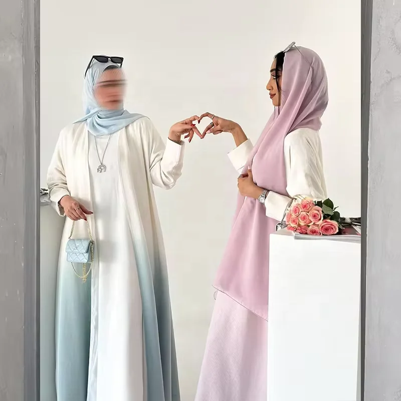 2024 Latest design custom gradient open abaya dress set dubai muslim cardigan kimono with a free matching hijab