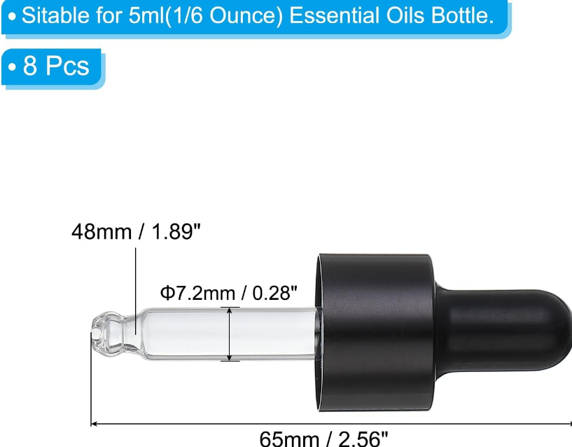Glass Eye Dropper Caps, 8 Pcs Anodized Aluminum Glass Dropper Closure Top for 5ml(1/6oz) Essential Oils Bottle, Perfume, Lab Experiments, Black