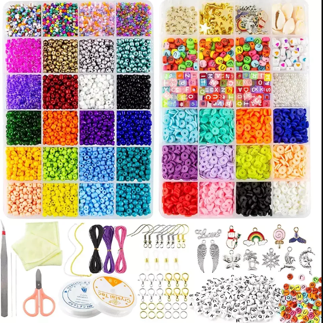 Mixed clay seed beads and letter beads for DIY completely jewelry making starter kit with colored charms and beading mat