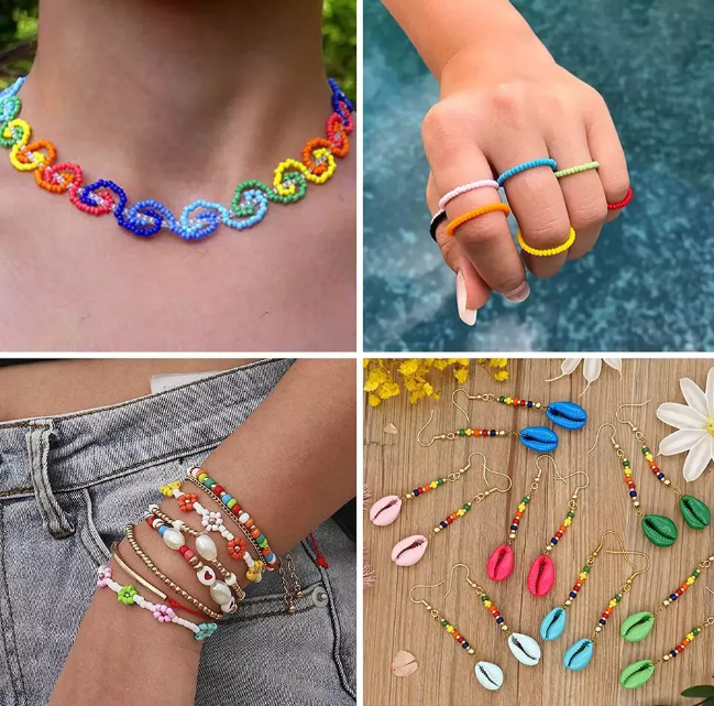 Mixed clay seed beads and letter beads for DIY completely jewelry making starter kit with colored charms and beading mat