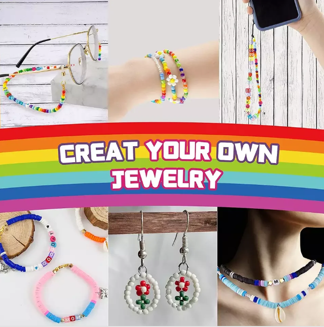 Mixed clay seed beads and letter beads for DIY completely jewelry making starter kit with colored charms and beading mat