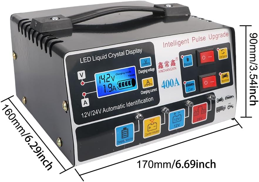 Car Battery Charger,12v Battery Charger LCD Display 12V/24V 220W Car Battery Charger Fully Automatic Pulse Repair High Frequency High Power