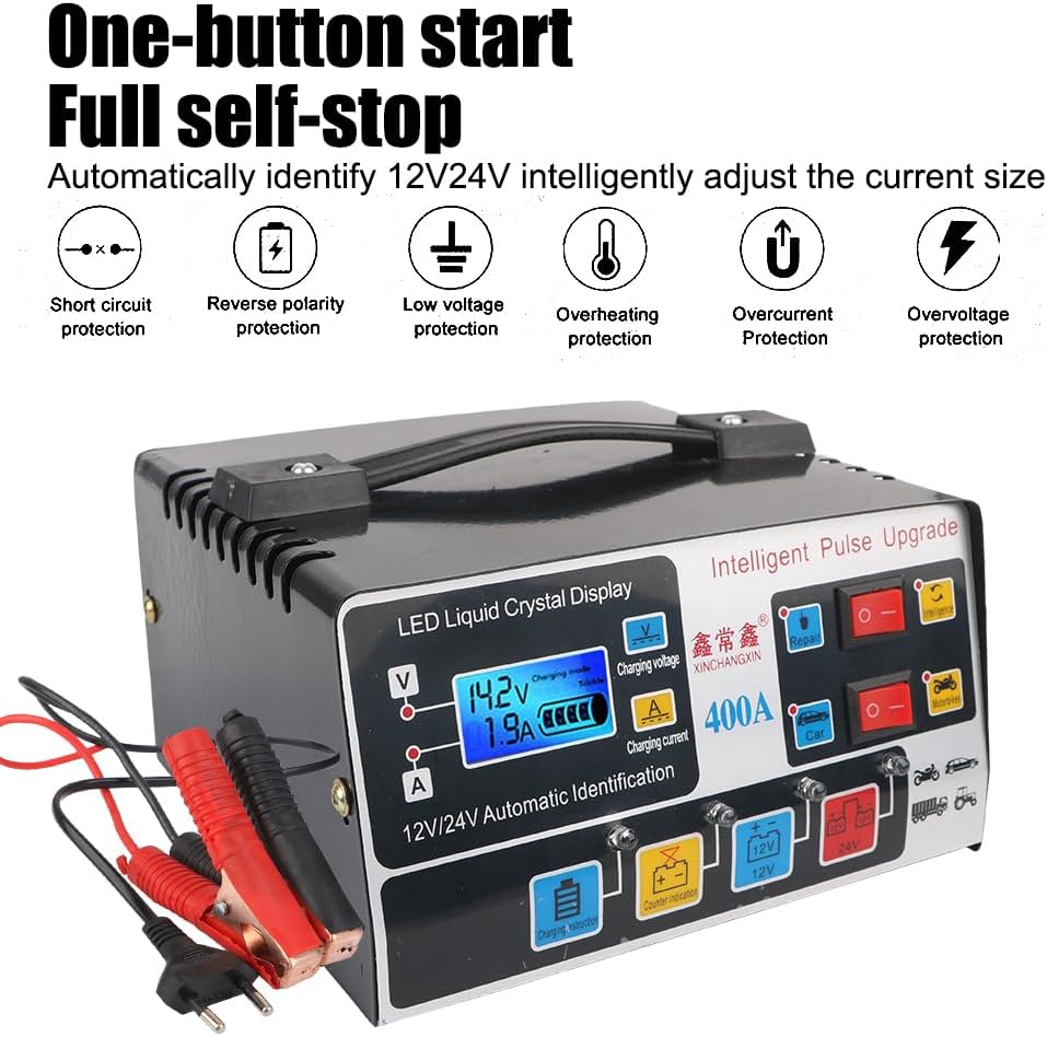 Car Battery Charger,12v Battery Charger LCD Display 12V/24V 220W Car Battery Charger Fully Automatic Pulse Repair High Frequency High Power