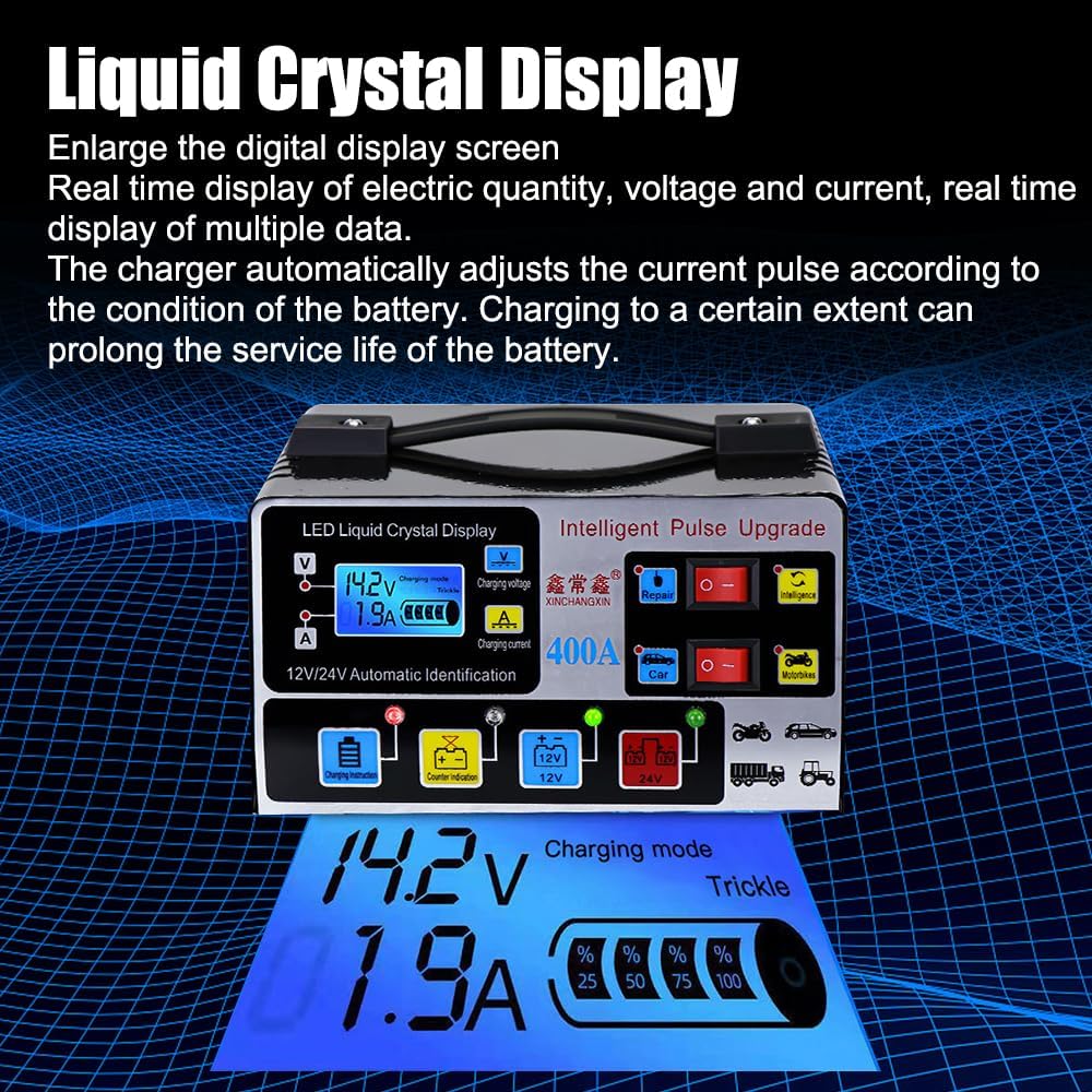 Car Battery Charger,12v Battery Charger LCD Display 12V/24V 220W Car Battery Charger Fully Automatic Pulse Repair High Frequency High Power