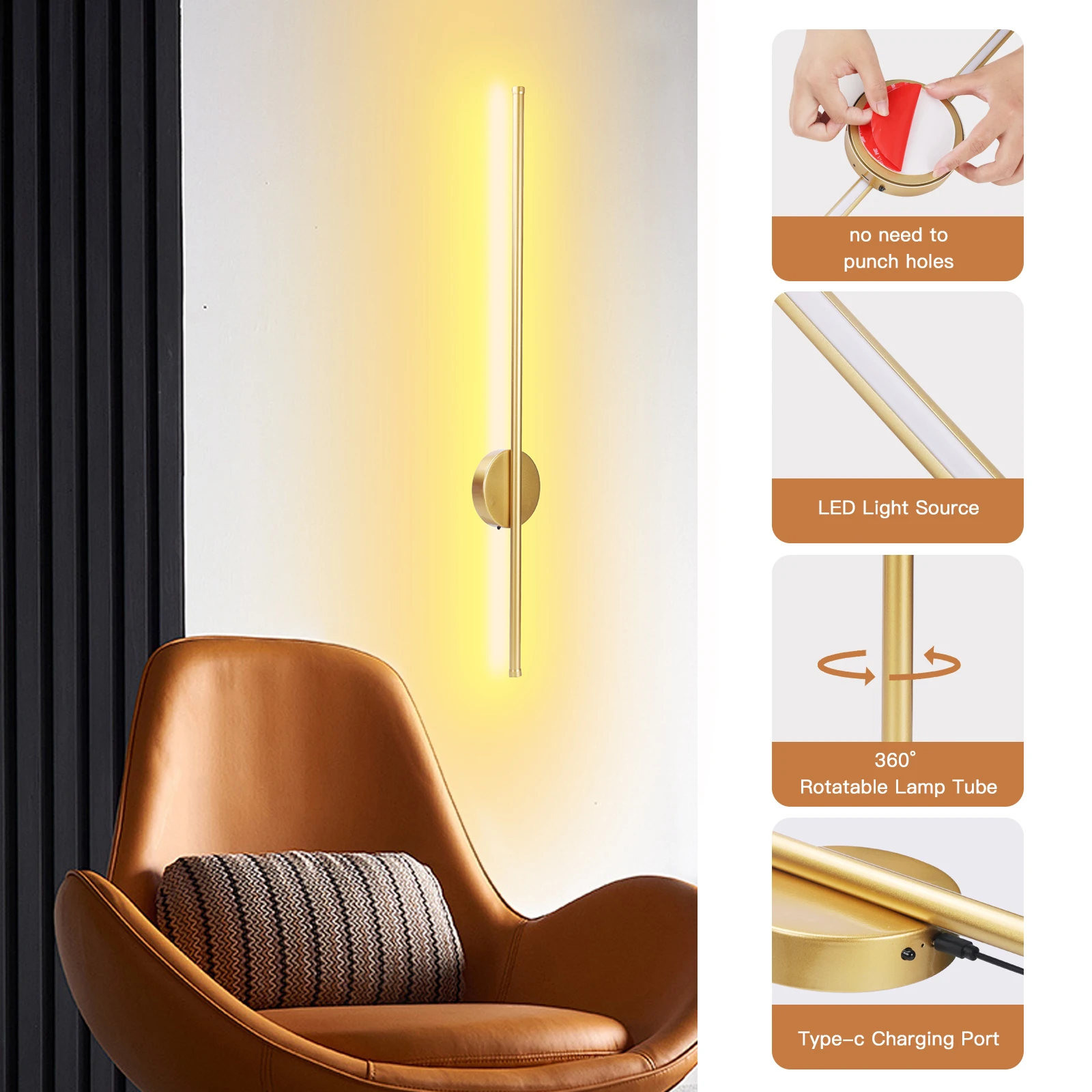 Rechargeable USB LED Wall Lamp with Remote Control Wireless Bedroom Bedside Long Stripe  Lamp Modern Style 50cm/80cm Lighting