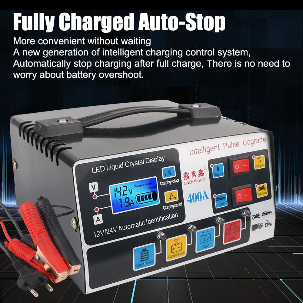 Car Battery Charger,12v Battery Charger LCD Display 12V/24V 220W Car Battery Charger Fully Automatic Pulse Repair High Frequency High Power