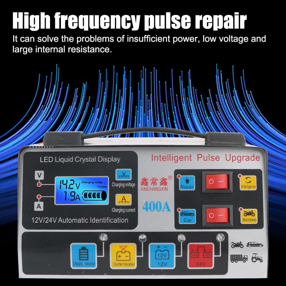 Car Battery Charger,12v Battery Charger LCD Display 12V/24V 220W Car Battery Charger Fully Automatic Pulse Repair High Frequency High Power
