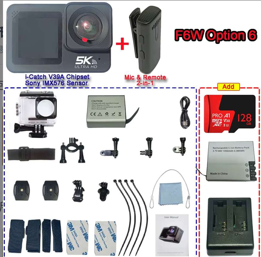 Action Camera, Native 5K 30FPS 20MP,30M Waterproof Underwater Camera,2”Big Touchscreen,EIS, External Mic,Vlog Camera,Remote Control and Helmet Accessories Kit