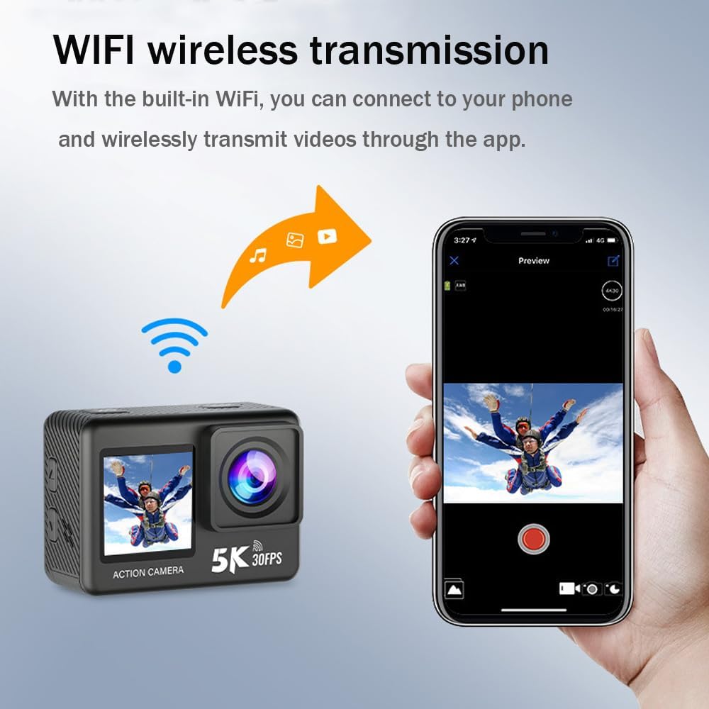 BSLVWG Action Camera, Native 5K 30FPS 20MP,30M Waterproof Underwater Camera,2”Big Touchscreen,EIS, External Mic,Vlog Camera,Remote Control and Helmet Accessories Kit