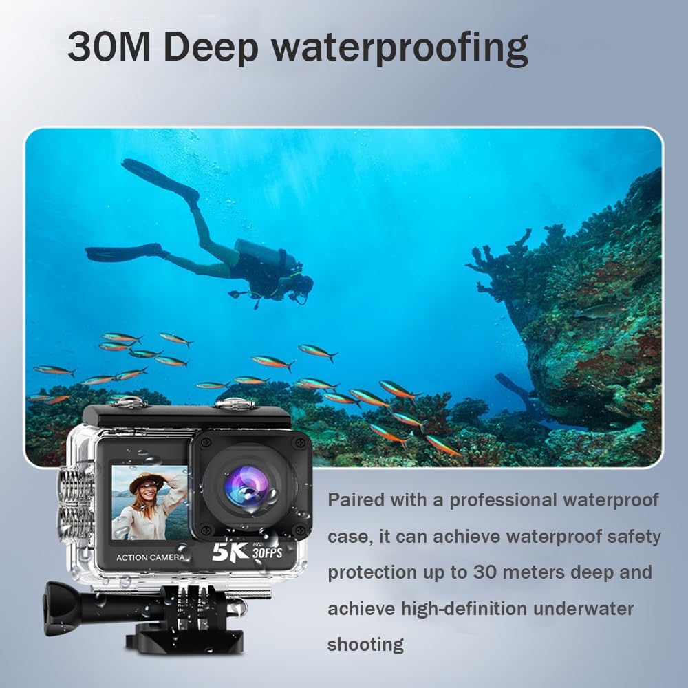 BSLVWG Action Camera, Native 5K 30FPS 20MP,30M Waterproof Underwater Camera,2”Big Touchscreen,EIS, External Mic,Vlog Camera,Remote Control and Helmet Accessories Kit