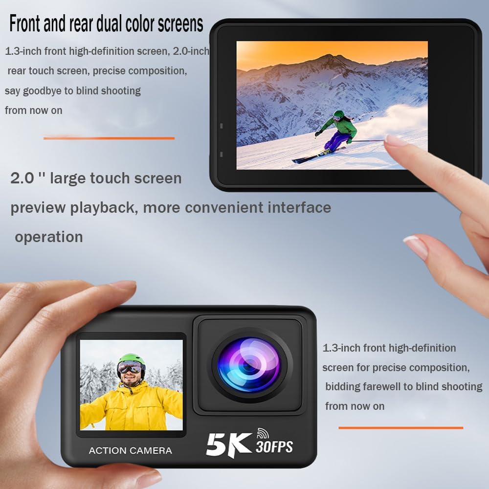 BSLVWG Action Camera, Native 5K 30FPS 20MP,30M Waterproof Underwater Camera,2”Big Touchscreen,EIS, External Mic,Vlog Camera,Remote Control and Helmet Accessories Kit