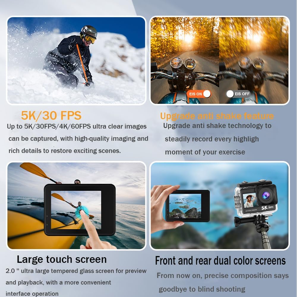 BSLVWG Action Camera, Native 5K 30FPS 20MP,30M Waterproof Underwater Camera,2”Big Touchscreen,EIS, External Mic,Vlog Camera,Remote Control and Helmet Accessories Kit