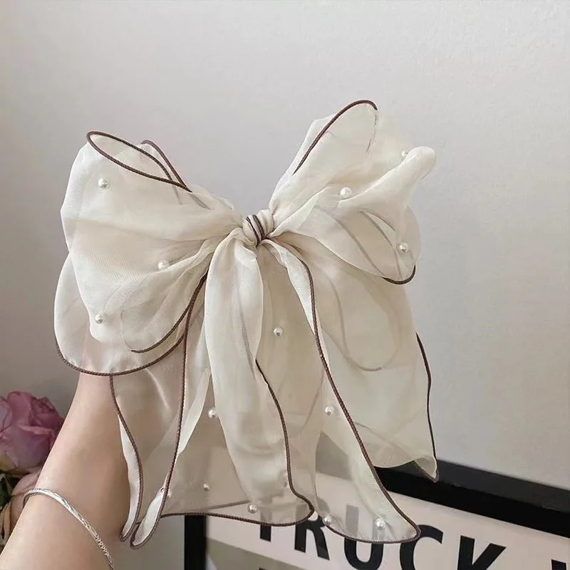 2023 New Arrival Large Bow Hair Clip Decoration Lace Ribbon with Pearl Elegant Women Girls Spring Clip Hair Accessories