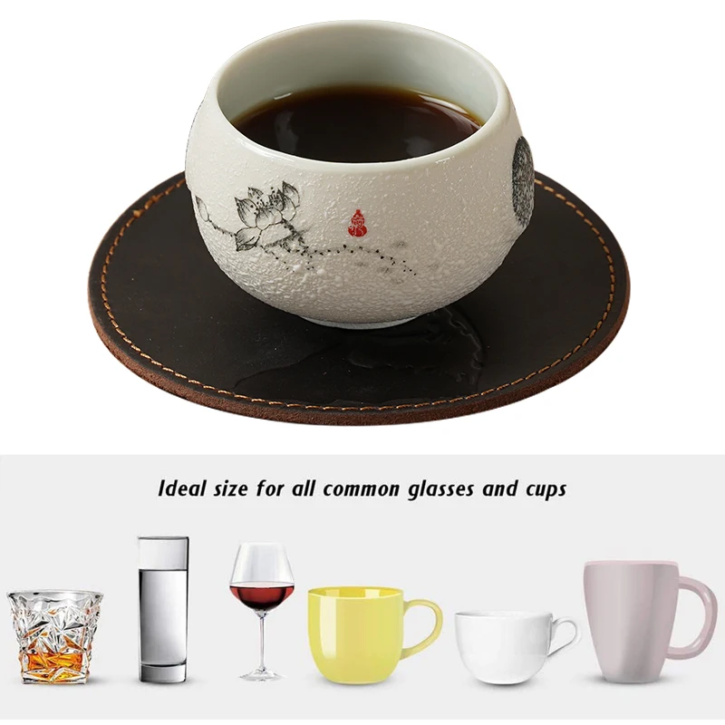 Logo Customization Classic Genuine Cow Leather Heat-resistance Table Placemat Cup Mats Drink Full Grain Leather Coaster Mat