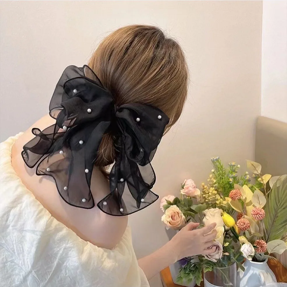 2023 New Arrival Large Bow Hair Clip Decoration Lace Ribbon with Pearl Elegant Women Girls Spring Clip Hair Accessories
