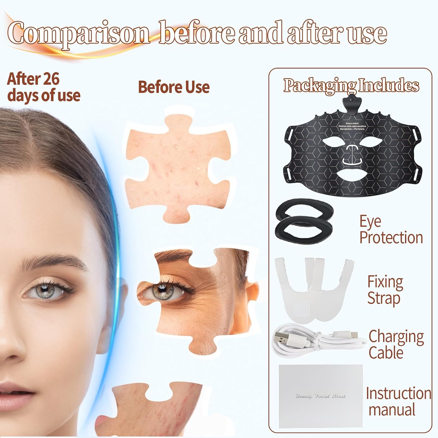 LED Face Mask Light Therapy, 7 Color Wireless Light Therapy for Face, Face Care Mask for Skin Rejuvenation Anti-Aging Removal Wrinkles Shrink Pores Fine Lines Skin Tightening (Black)