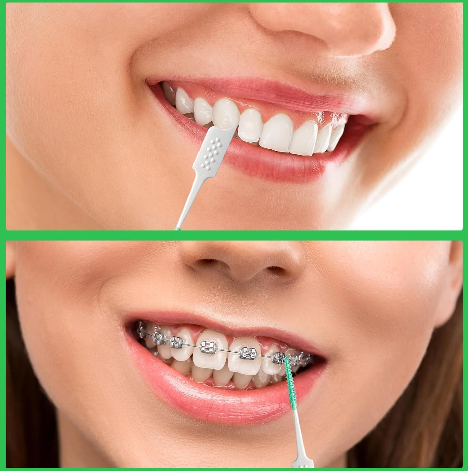 200 Pieces Interdental Brushes Green, Tooth Picks Floss Sticks, Floss Brushes, Dental Tools for Braces Oral Cleaning, Braces Cleaning Kit